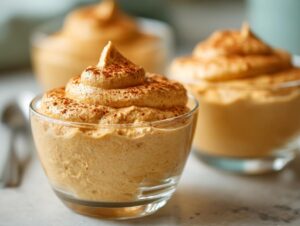 Close-up of a creamy pumpkin mousse dessert, topped with cinnamon, in a glass bowl.