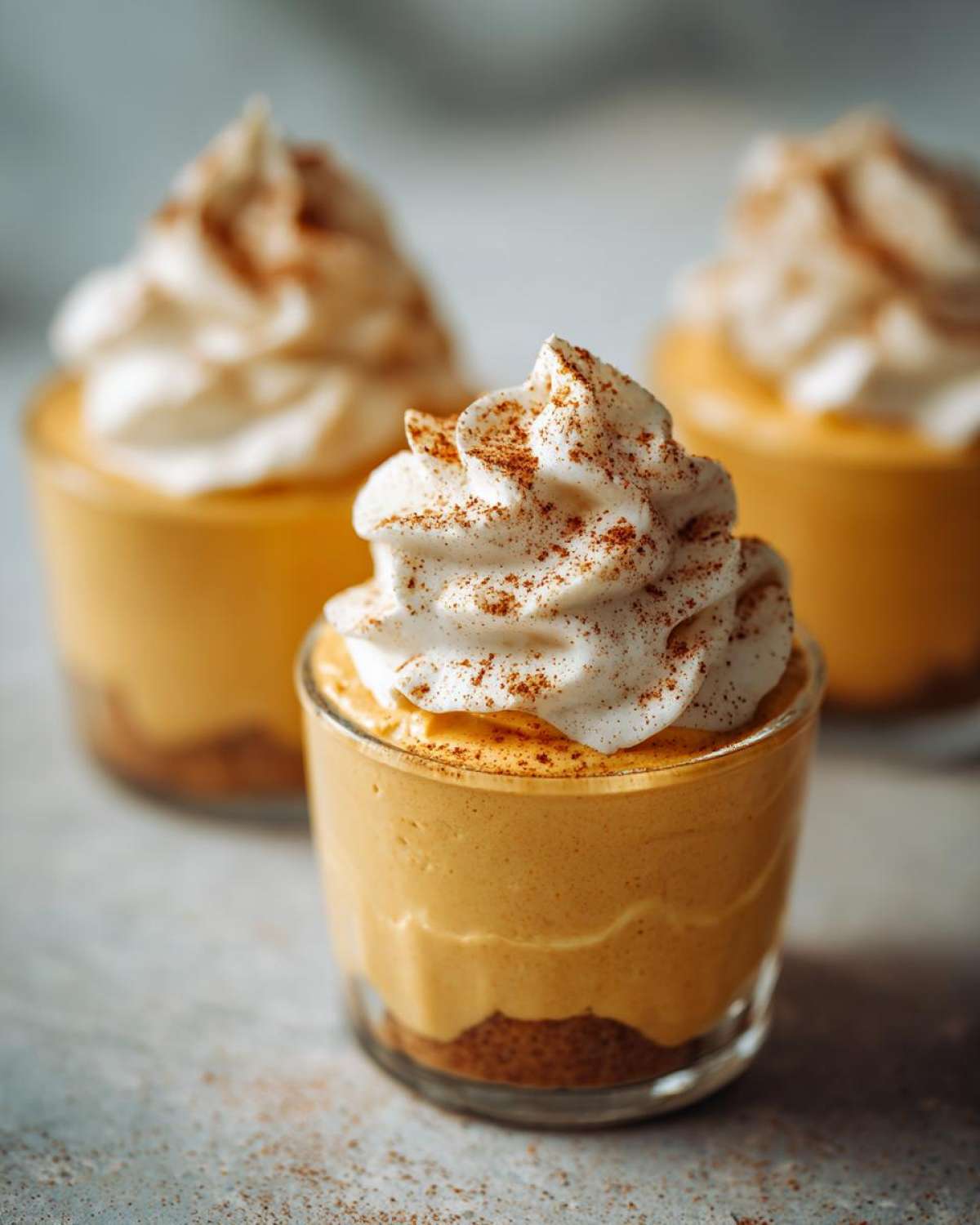 Close-up of a creamy pumpkin mousse dessert topped with whipped cream and cinnamon.