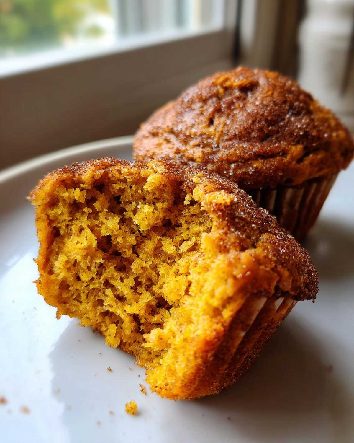 Close-up of a half-eaten pumpkin muffin, showcasing its moist texture and spiced topping.