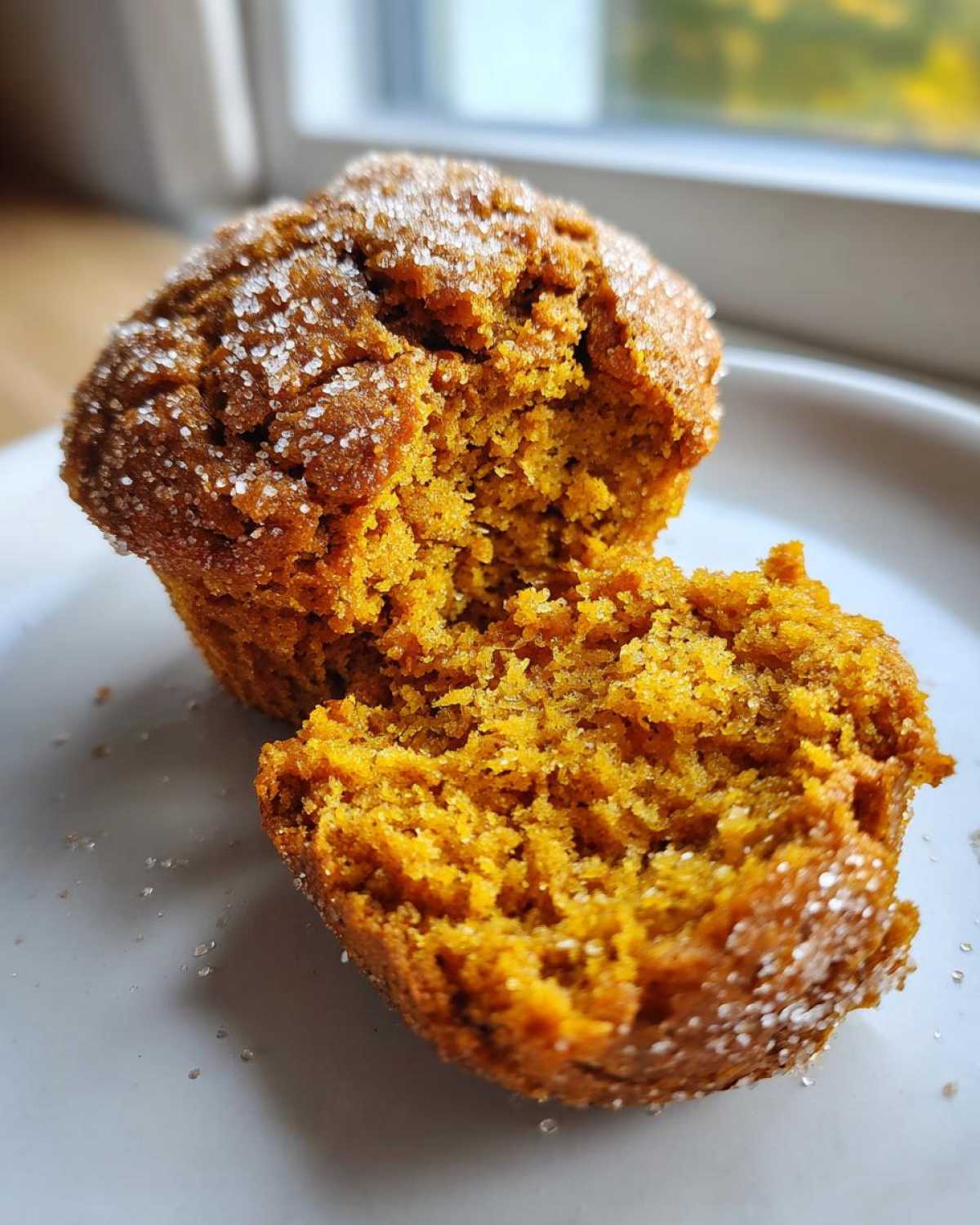 A halved pumpkin muffin on a plate, showing its moist interior and sugar-coated top. Perfect pumpkin muffins.