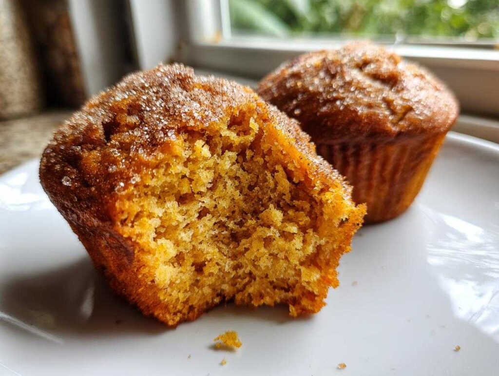 Close-up of a halved pumpkin muffin with a sugar topping, showcasing its moist texture.