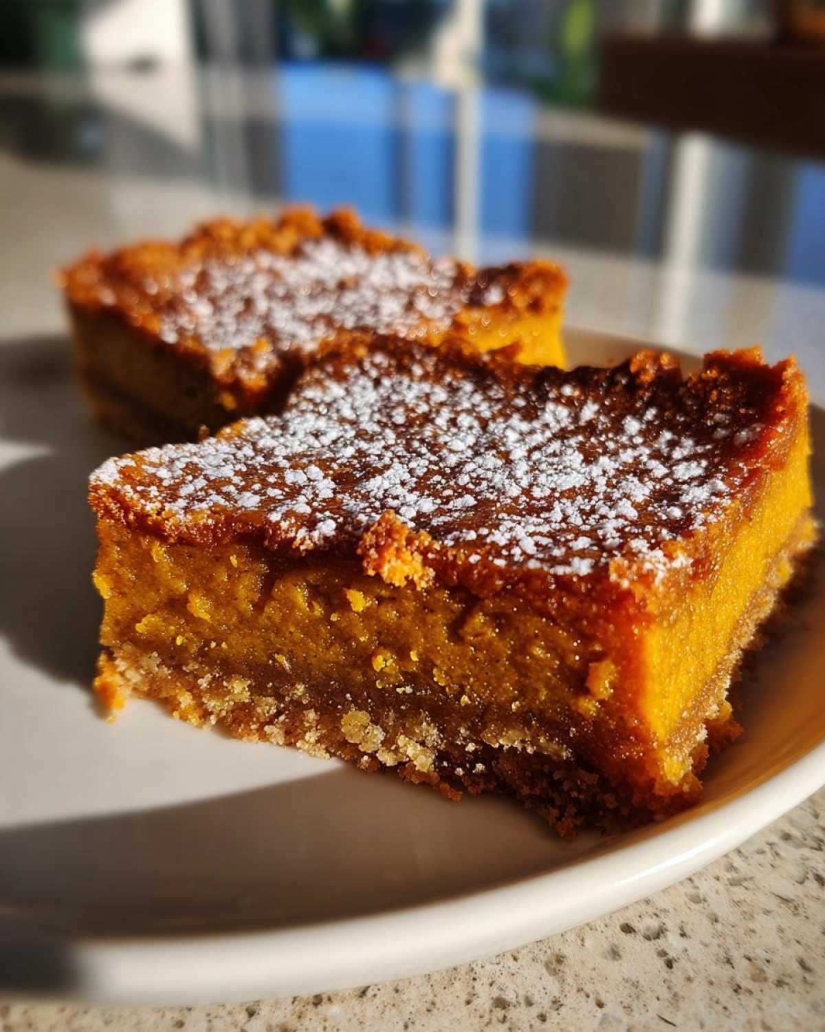 Two pumpkin pie bars dusted with powdered sugar on a white plate, showcasing the crust and filling.