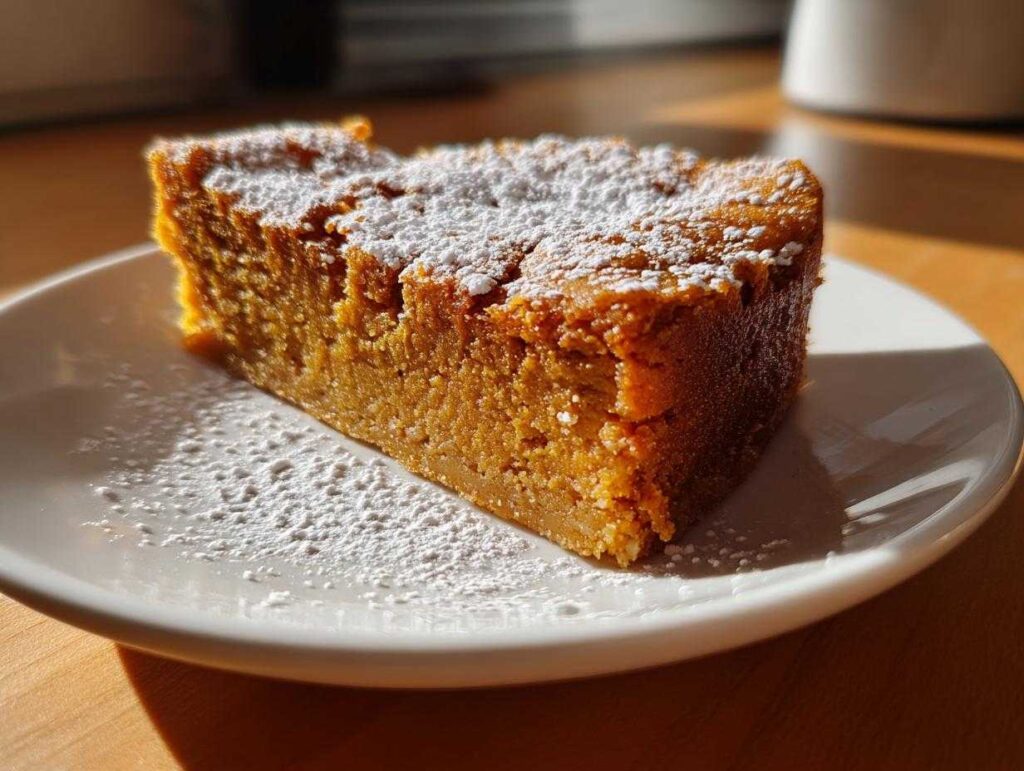 A slice of pumpkin pie bars dusted with powdered sugar on a white plate.