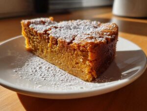 A slice of pumpkin pie bars dusted with powdered sugar on a white plate.