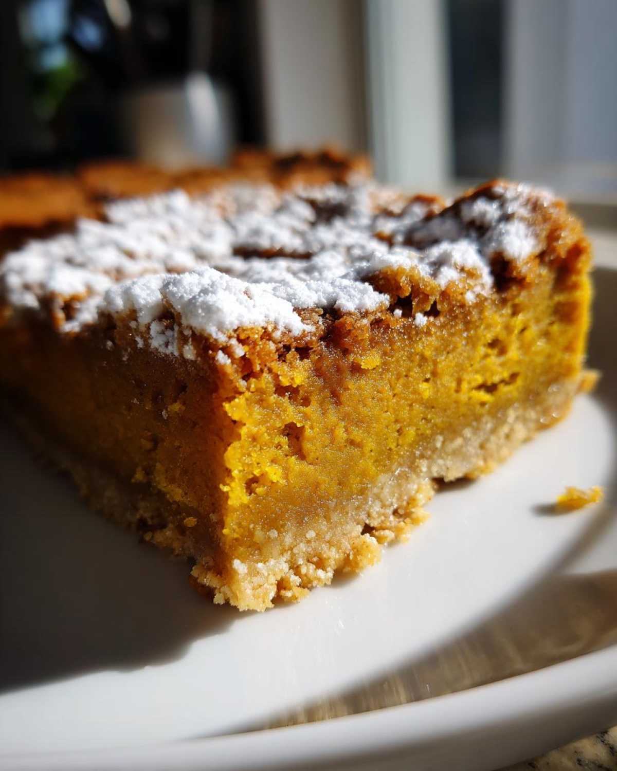 Close-up of a slice of pumpkin pie bars topped with powdered sugar on a white plate.
