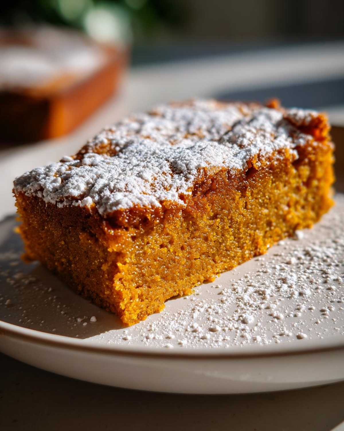 A single slice of pumpkin pie bars on a plate, dusted with powdered sugar.