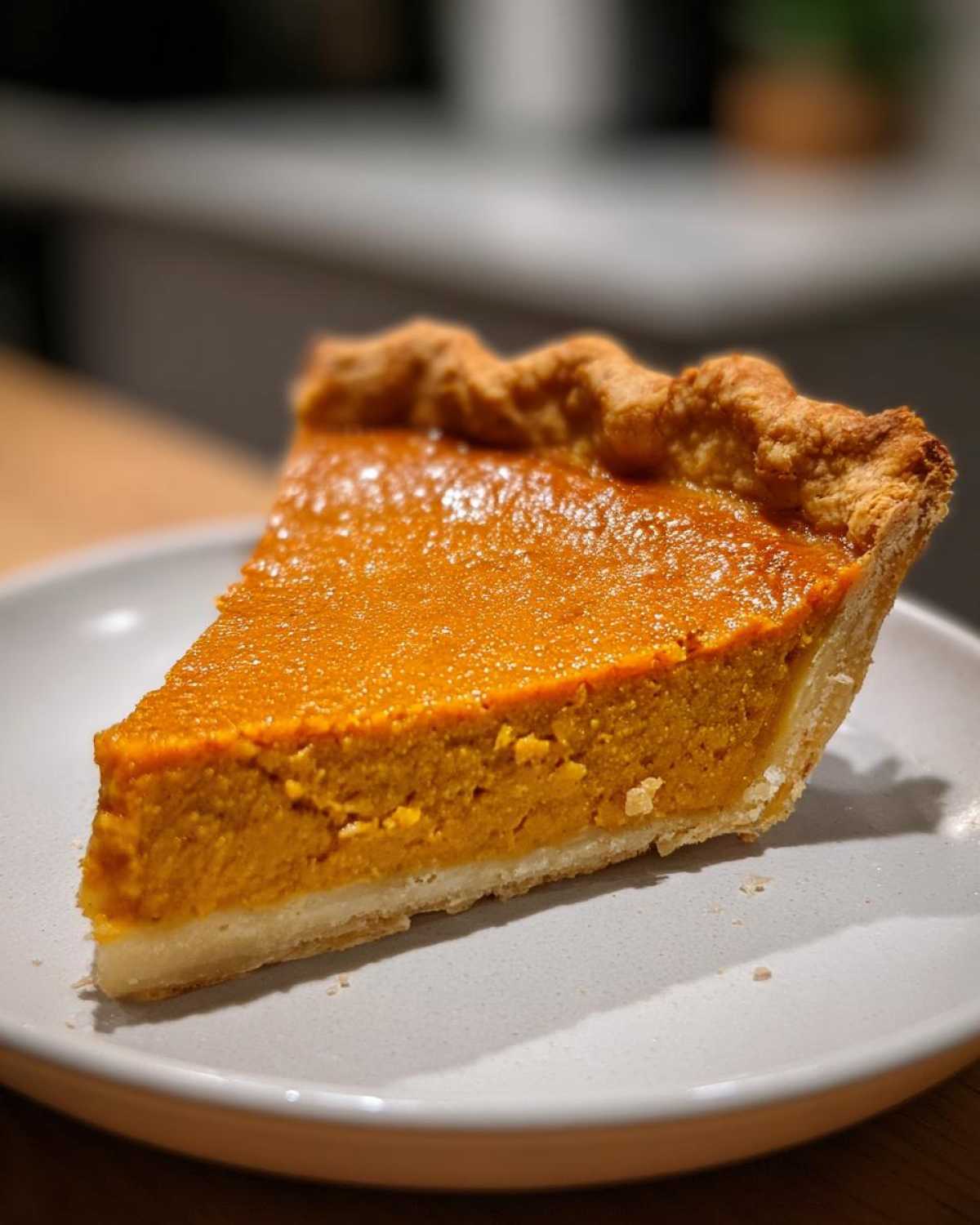A close-up of a perfect slice of pumpkin pie, showcasing its creamy texture and golden crust.