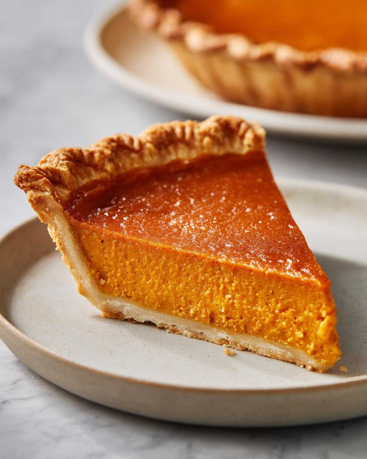 A close-up of a perfect slice of pumpkin pie, showcasing its creamy texture and golden crust.
