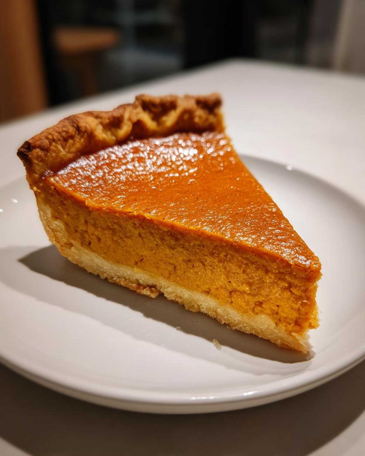 A perfect slice of creamy pumpkin pie recipe on a white plate, showcasing a golden crust and smooth filling.