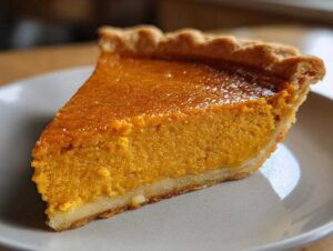 A close-up of a creamy slice of pumpkin pie, showcasing its golden-brown filling and flaky crust.