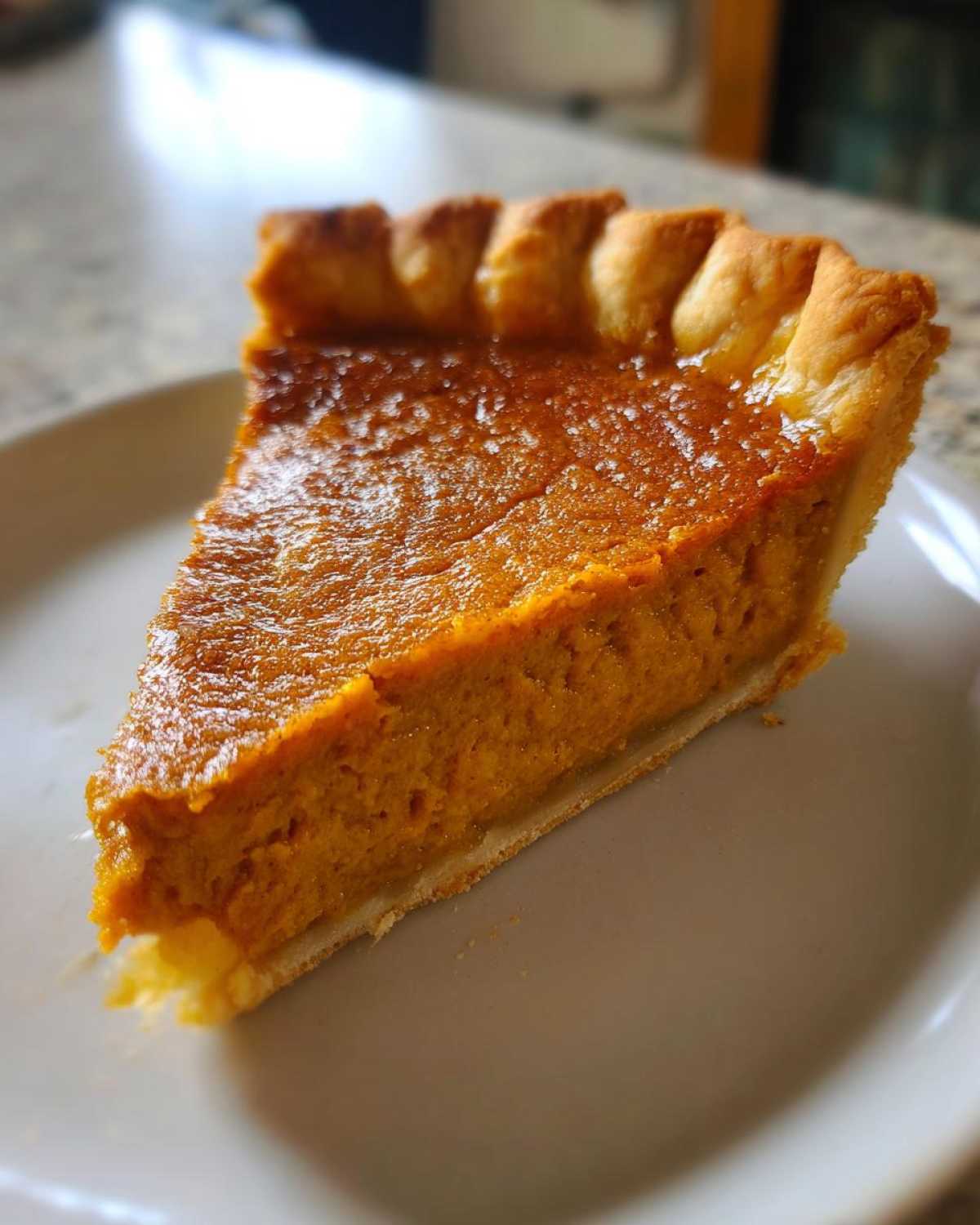 A delicious slice of pumpkin pie recipe on a white plate, showing the creamy filling and golden crust.