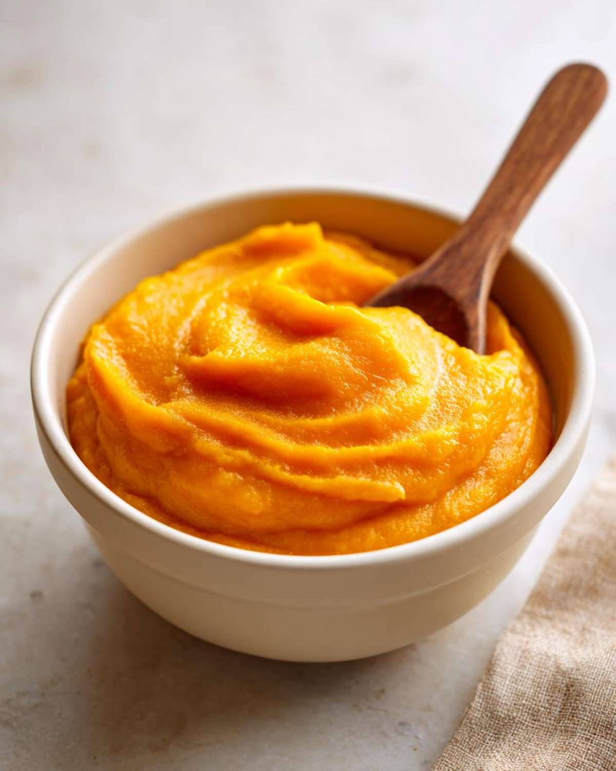 A bowl of smooth, vibrant orange pumpkin puree with a wooden spoon, perfect for baking.