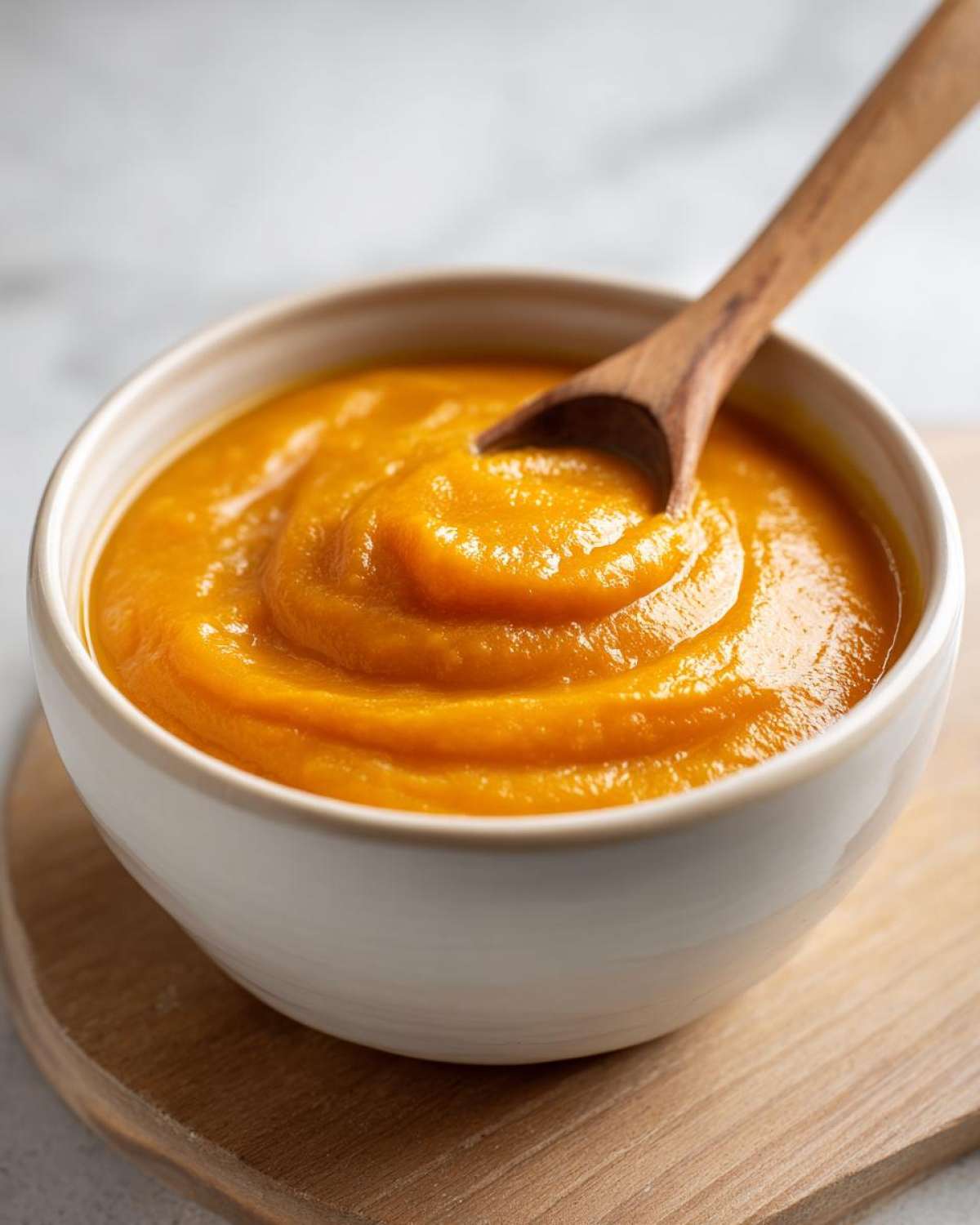 A bowl of smooth, velvety pumpkin puree with a wooden spoon resting in it.