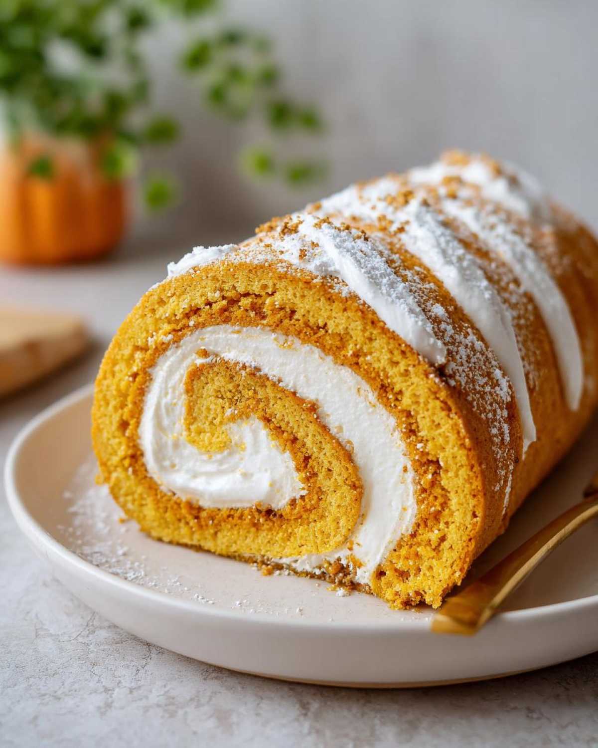 A close-up of a perfectly rolled pumpkin roll dessert with a swirl of cream filling and dusted with powdered sugar.