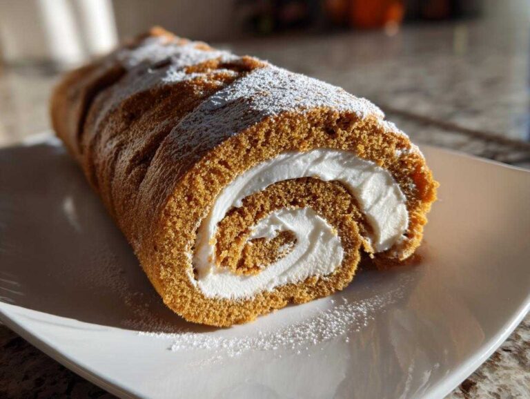 A perfectly rolled pumpkin roll cake filled with white cream and dusted with powdered sugar.