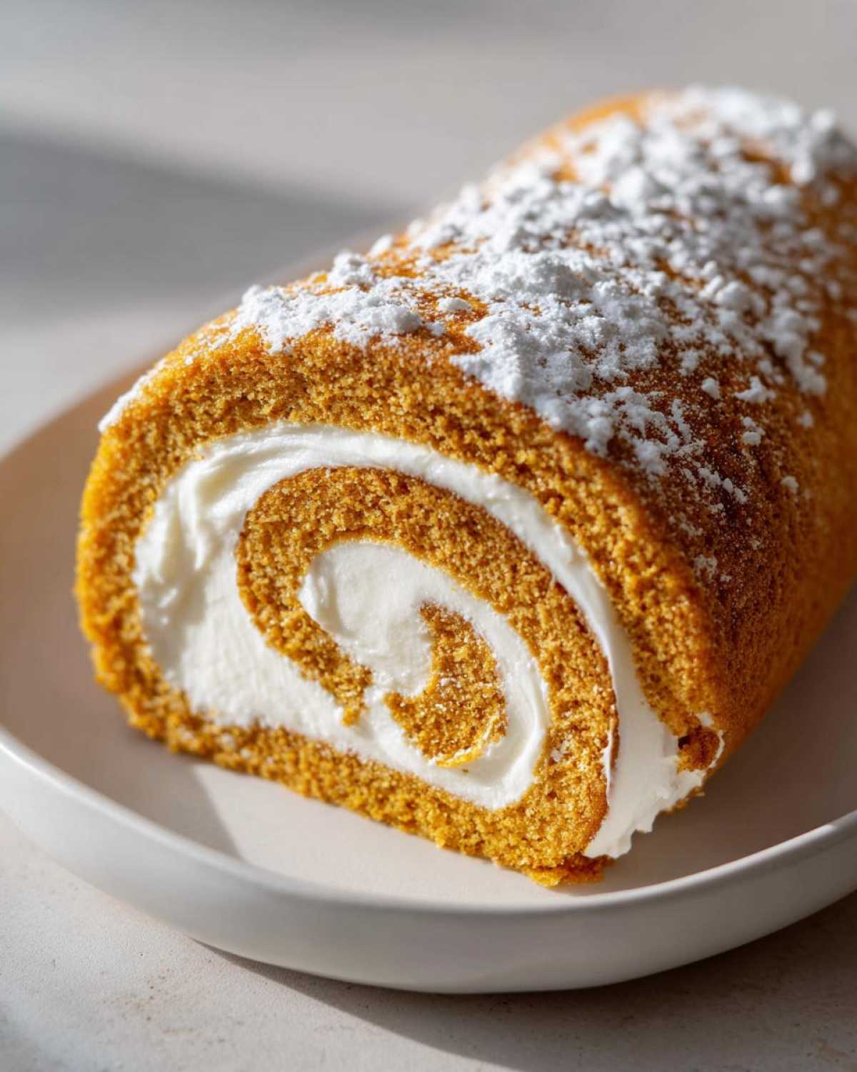 A close-up of a perfectly rolled pumpkin roll, dusted with powdered sugar and filled with white cream.