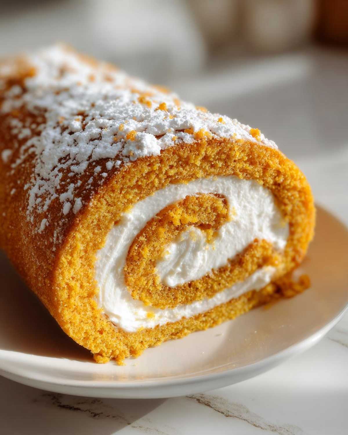 A close-up of a perfectly rolled pumpkin roll, dusted with powdered sugar and filled with a swirl of white cream.