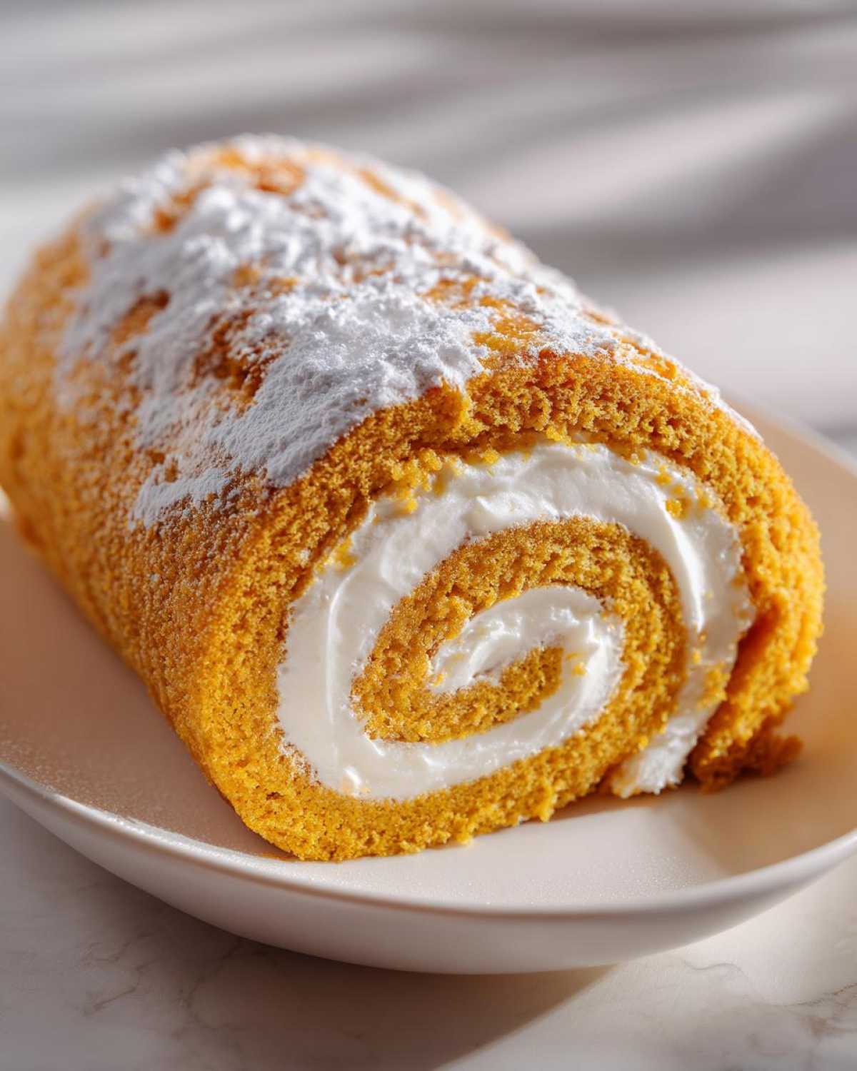 A close-up of a perfectly rolled pumpkin roll dusted with powdered sugar, revealing a swirl of creamy filling.
