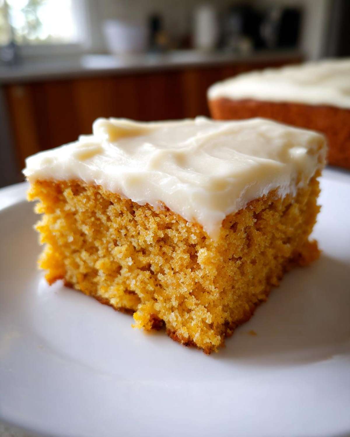 A close-up of a moist slice of pumpkin sheet cake topped with creamy white frosting.