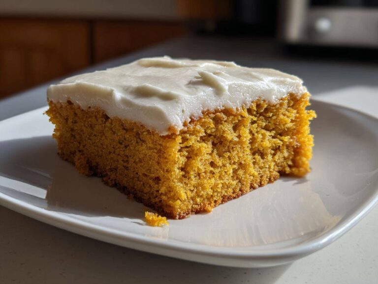 A close-up of a moist slice of pumpkin sheet cake topped with creamy white frosting on a white plate.