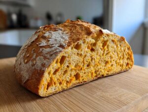 Close-up of a sliced pumpkin sourdough bread loaf, showing the texture and color.