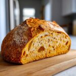 Close-up of a cut loaf of pumpkin sourdough bread, showcasing its texture and color.