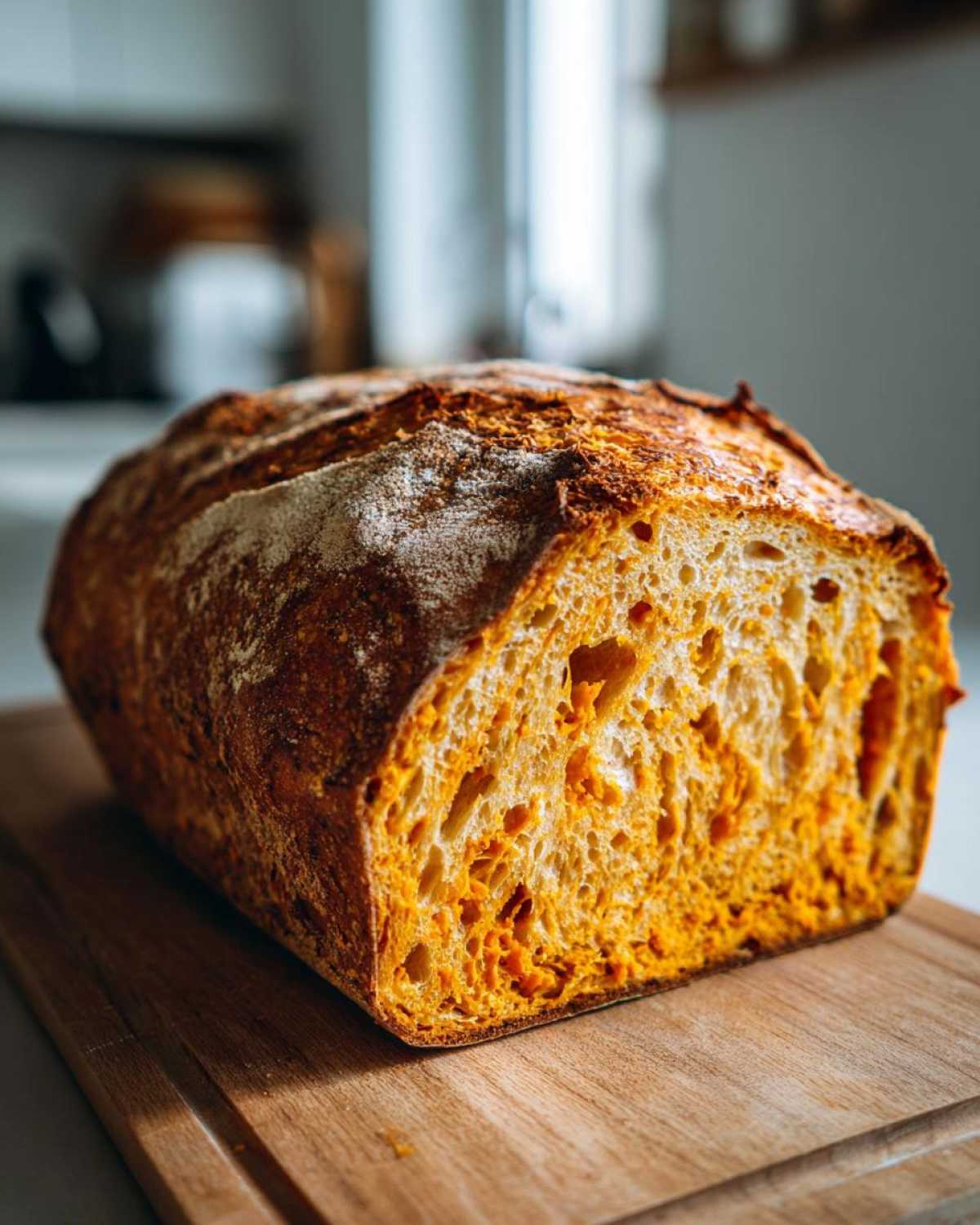 A loaf of freshly baked pumpkin sourdough bread, cut open to show the texture, sitting on a wooden board.
