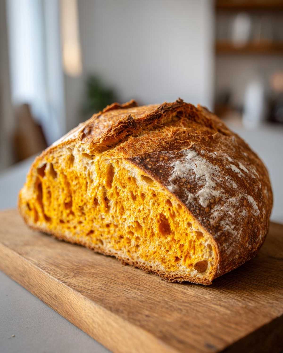 A half loaf of pumpkin sourdough bread with a golden crust sits on a wooden cutting board.