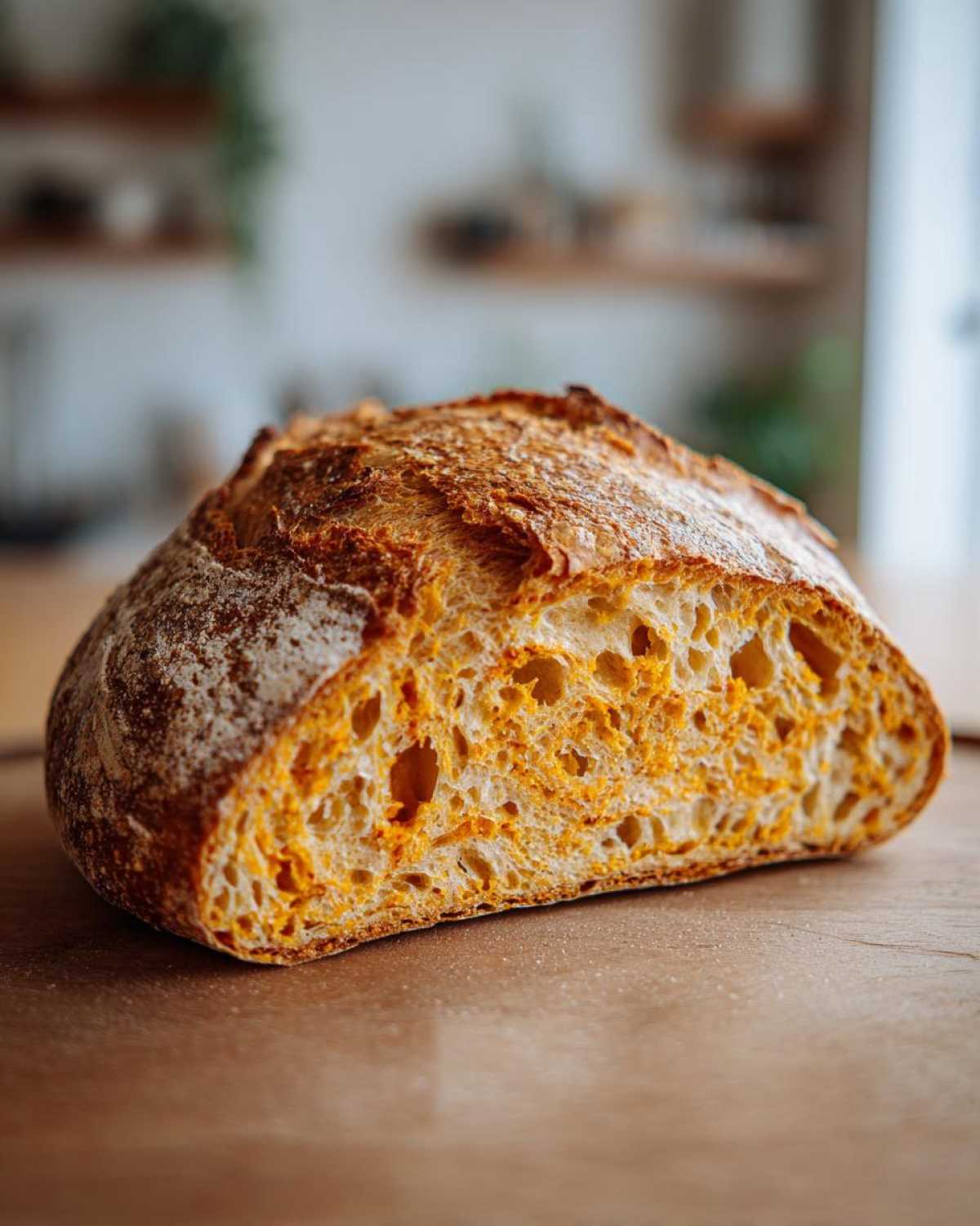 A sliced loaf of pumpkin sourdough bread showing the golden crumb and crust.