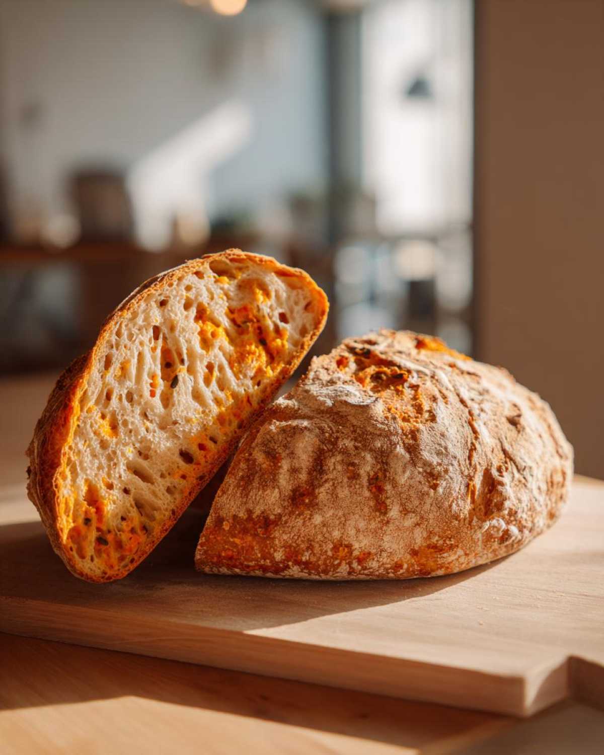 A loaf of pumpkin sourdough bread, with a slice cut to show the crumb, sits on a wooden board.