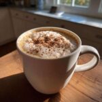 A creamy pumpkin spice latte in a white mug, topped with foam and spice.