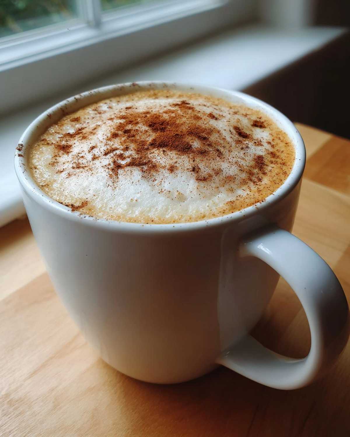 A creamy pumpkin spice latte in a white mug, topped with foam and a sprinkle of pumpkin spice.
