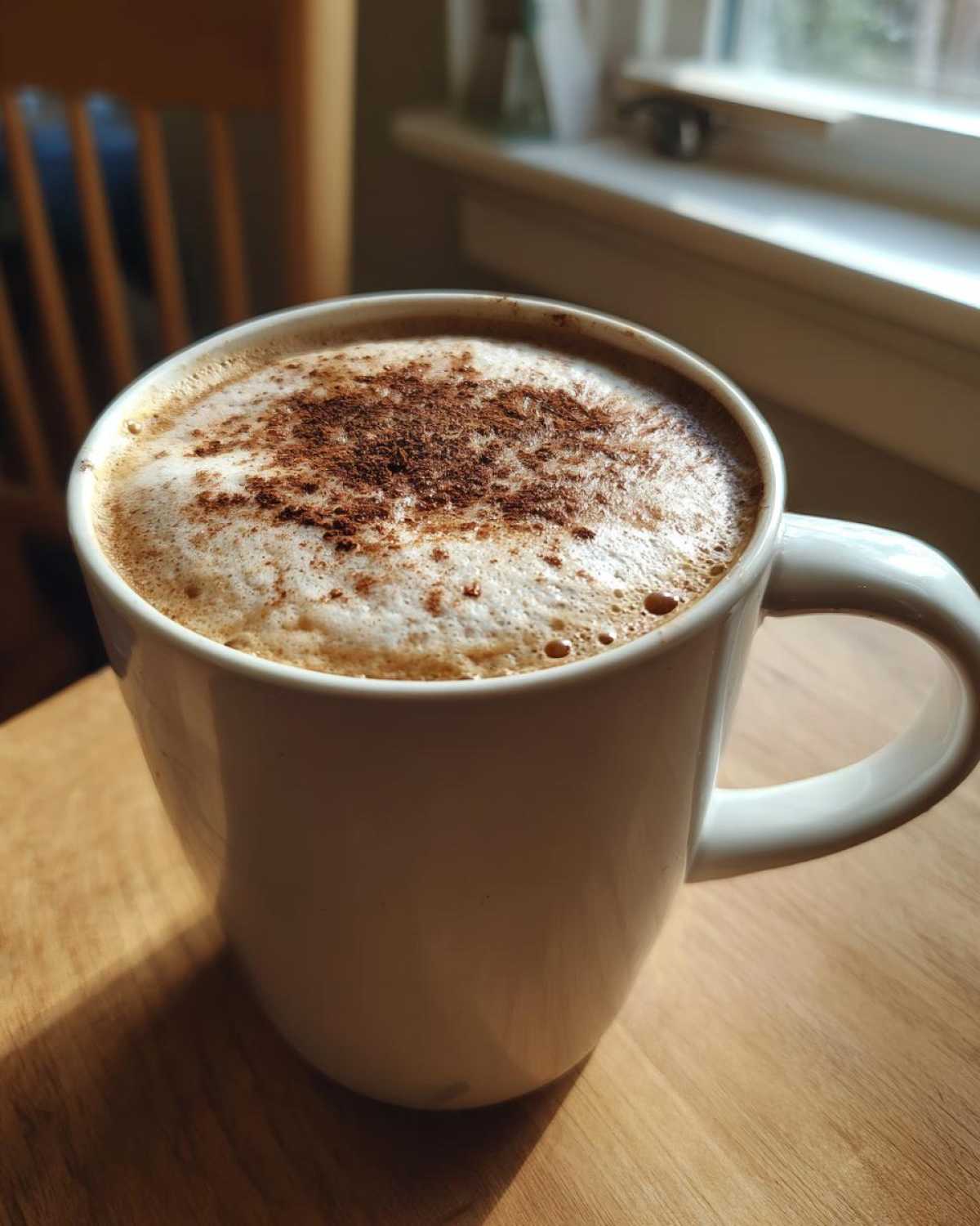 A warm pumpkin spice latte in a white mug, topped with foam and pumpkin spice, sitting on a wooden table.