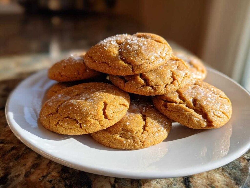 A stack of soft pumpkin sugar cookies on a white plate, sprinkled with sugar.