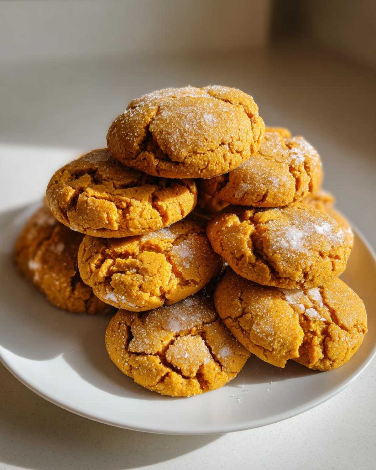 A stack of soft pumpkin sugar cookies dusted with sugar on a white plate.