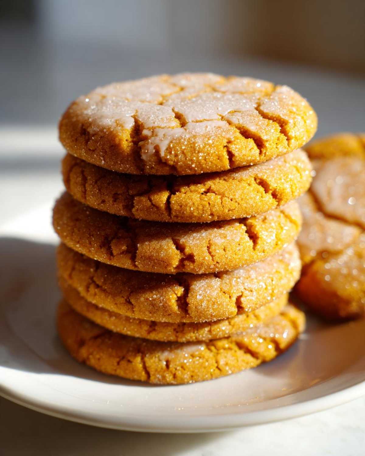 A stack of five soft pumpkin sugar cookies, glazed and sprinkled with sugar, on a white plate.
