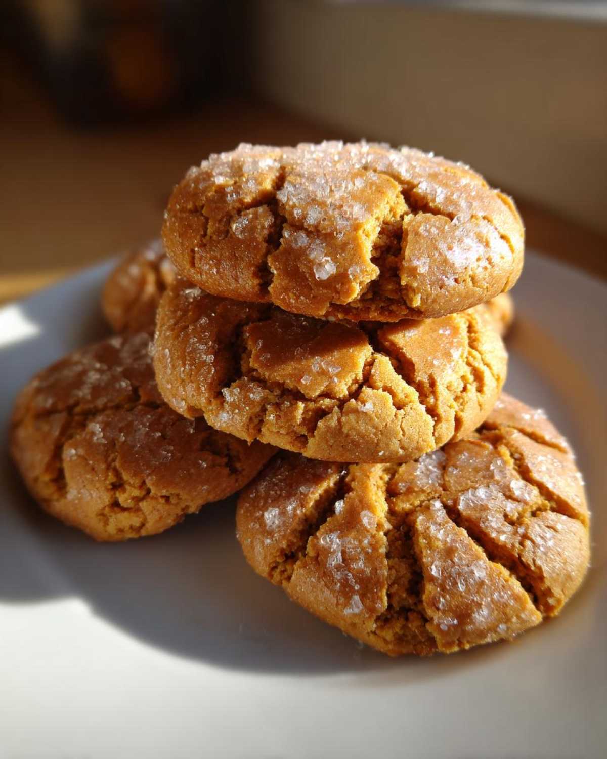 A stack of soft pumpkin sugar cookies, topped with sparkling sugar crystals, on a white plate.
