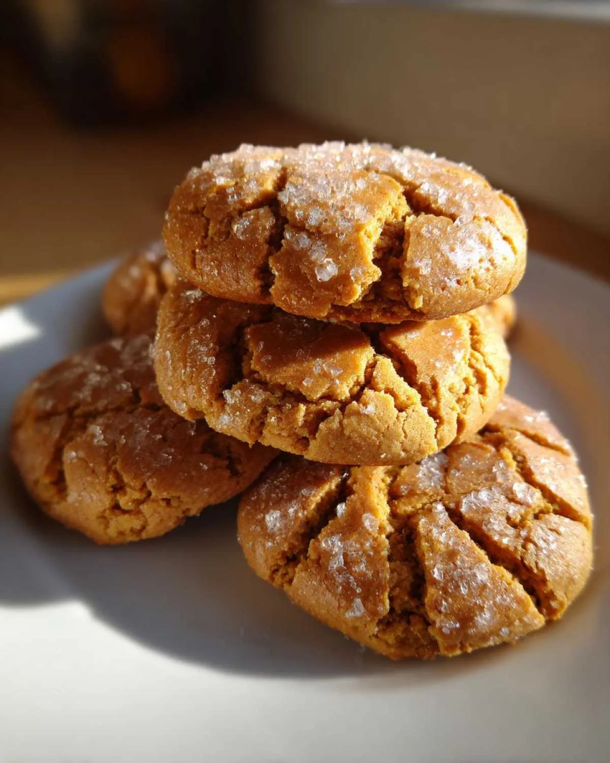 A stack of soft pumpkin sugar cookies, topped with sparkling sugar crystals, on a white plate.