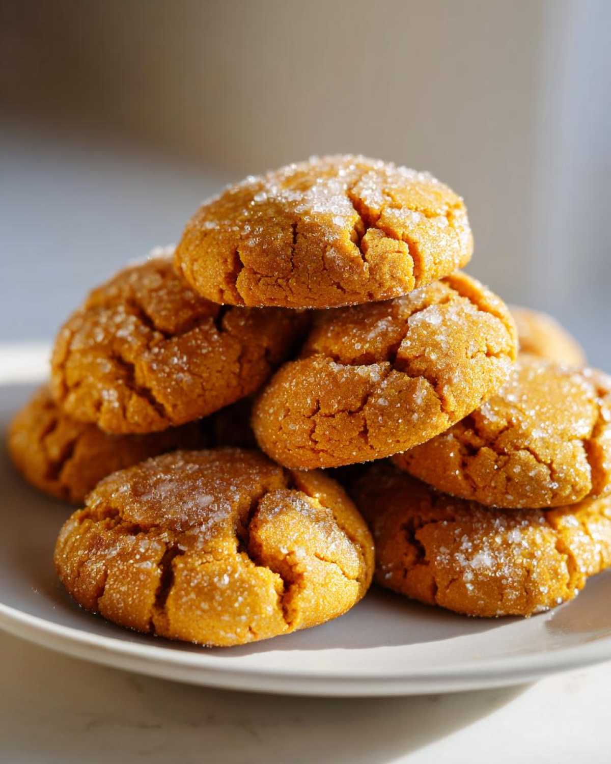 A stack of soft pumpkin sugar cookies coated in sugar crystals on a white plate.