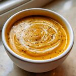 A bowl of creamy roasted butternut squash soup with a swirl of cream and a sprinkle of pepper.