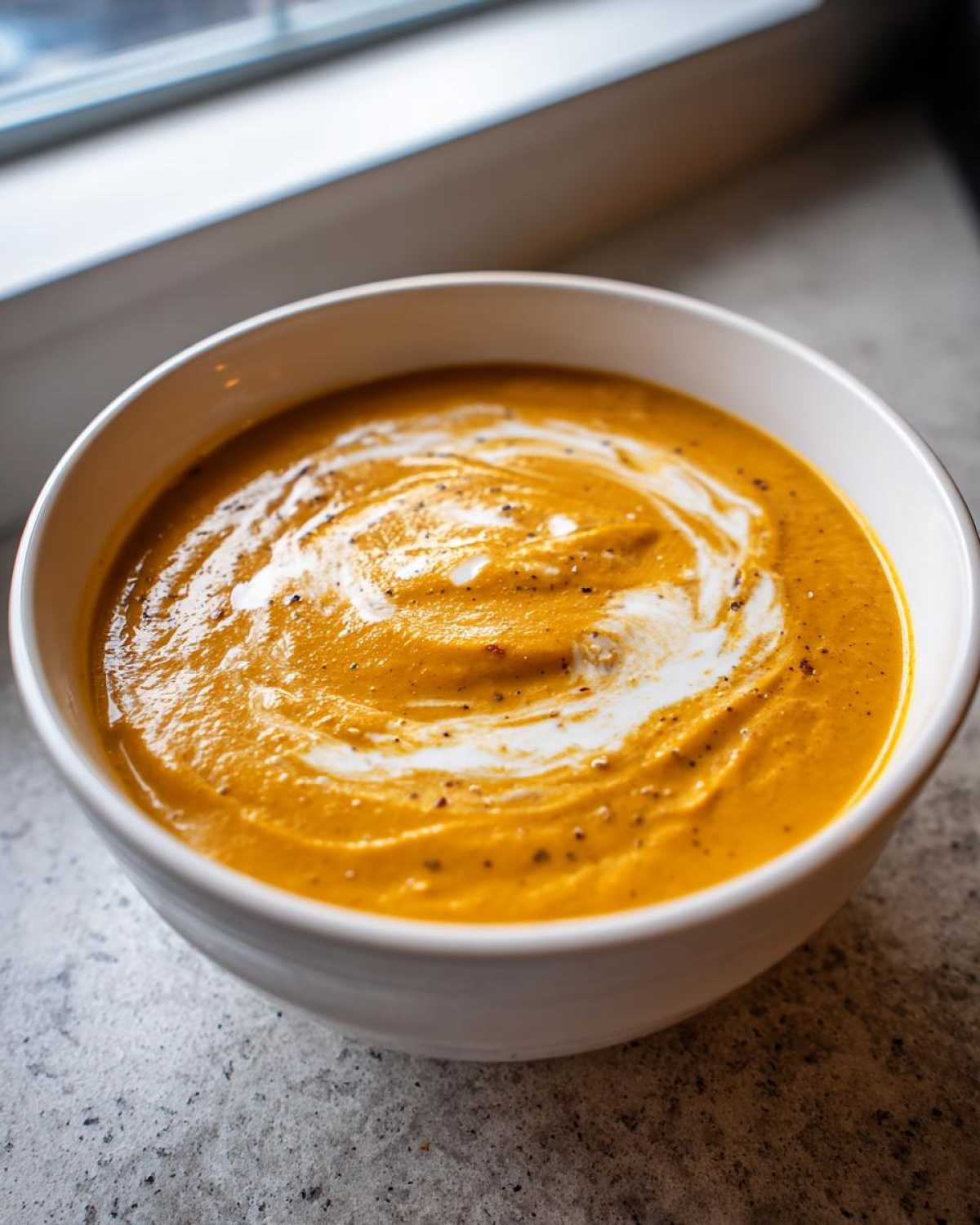 A bowl of creamy roasted butternut squash soup, swirled with cream and sprinkled with pepper.