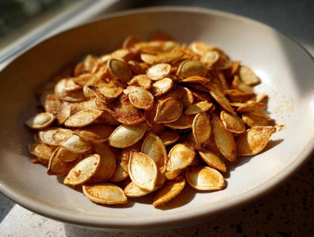 A bowl filled with golden brown, crunchy roasted pumpkin seeds, seasoned and ready to eat.