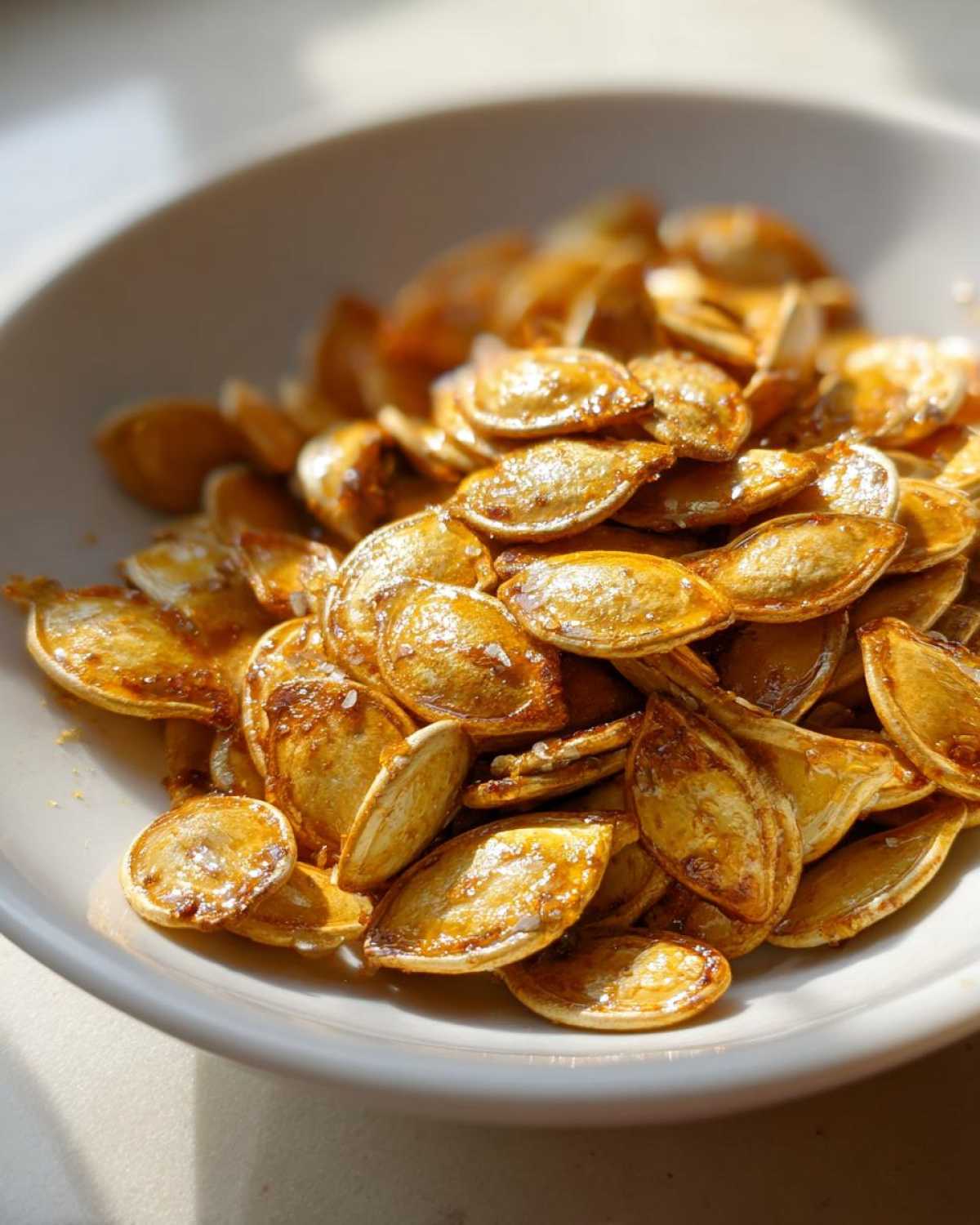 Close-up of a bowl filled with golden brown, crunchy roasted pumpkin seeds.