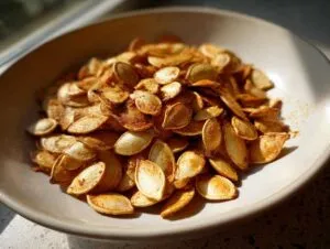 A bowl filled with golden brown, crunchy roasted pumpkin seeds, seasoned and ready to eat.