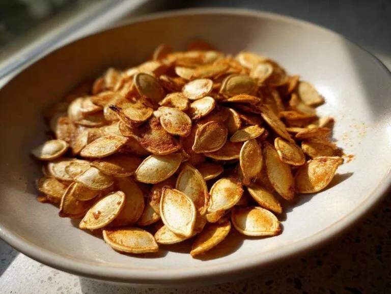 A bowl filled with golden brown, crunchy roasted pumpkin seeds, seasoned and ready to eat.