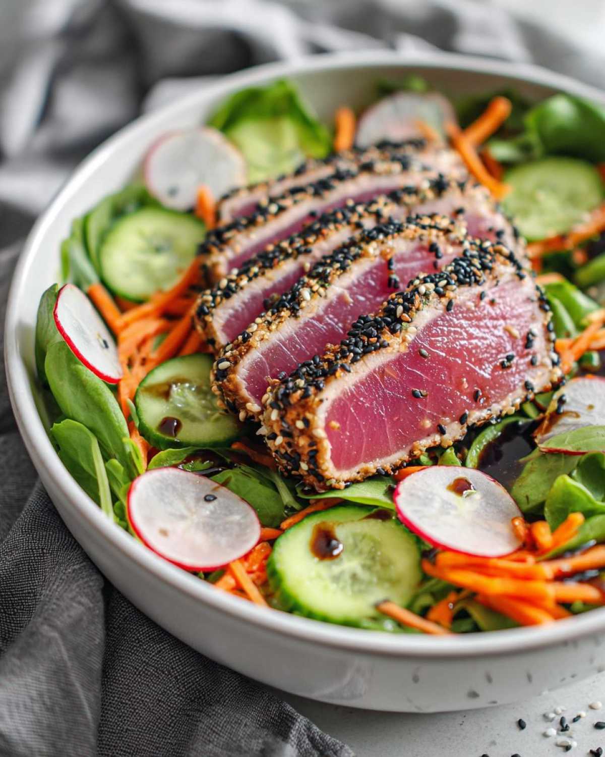 Close-up of seared ahi tuna salad with sesame-crusted tuna, spinach, carrots, cucumber, and radish.