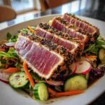 Close-up of seared ahi tuna salad with sesame-crusted tuna steaks on a bed of fresh greens and vegetables.