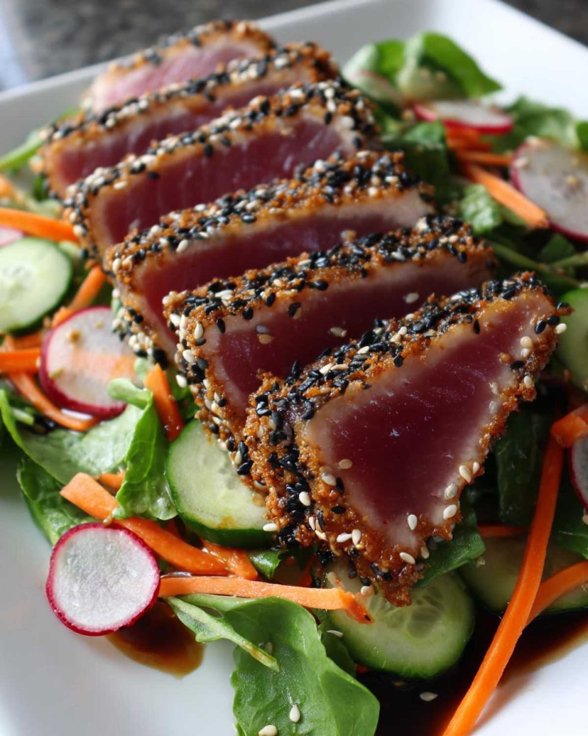 Close-up of seared ahi tuna salad with a sesame seed crust, served over fresh greens and vegetables.