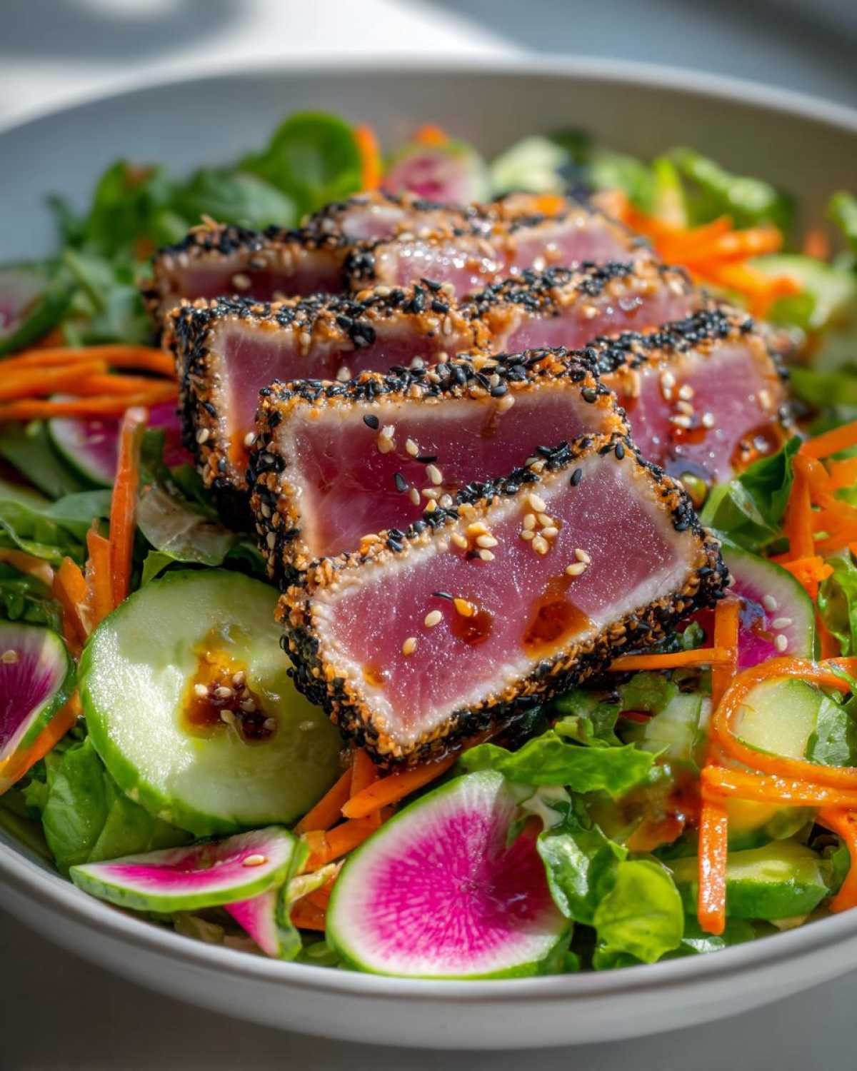Close-up of seared ahi tuna salad with a sesame crust, served over mixed greens and colorful vegetables.