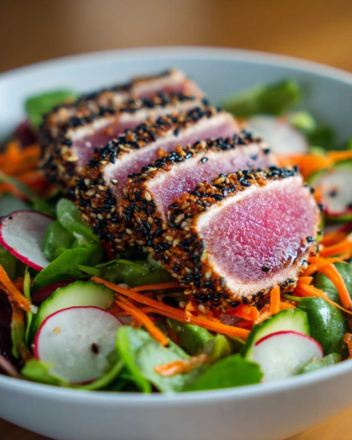 Close-up of seared ahi tuna salad with sesame crust, sliced and arranged on a bed of greens, carrots, and radishes.